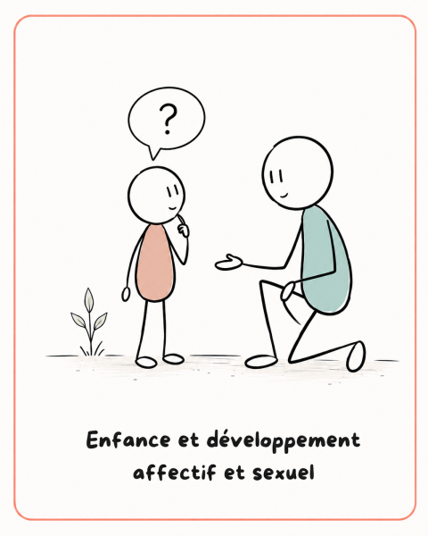 Un enfant pose une question à un adulte placé à sa hauteur.