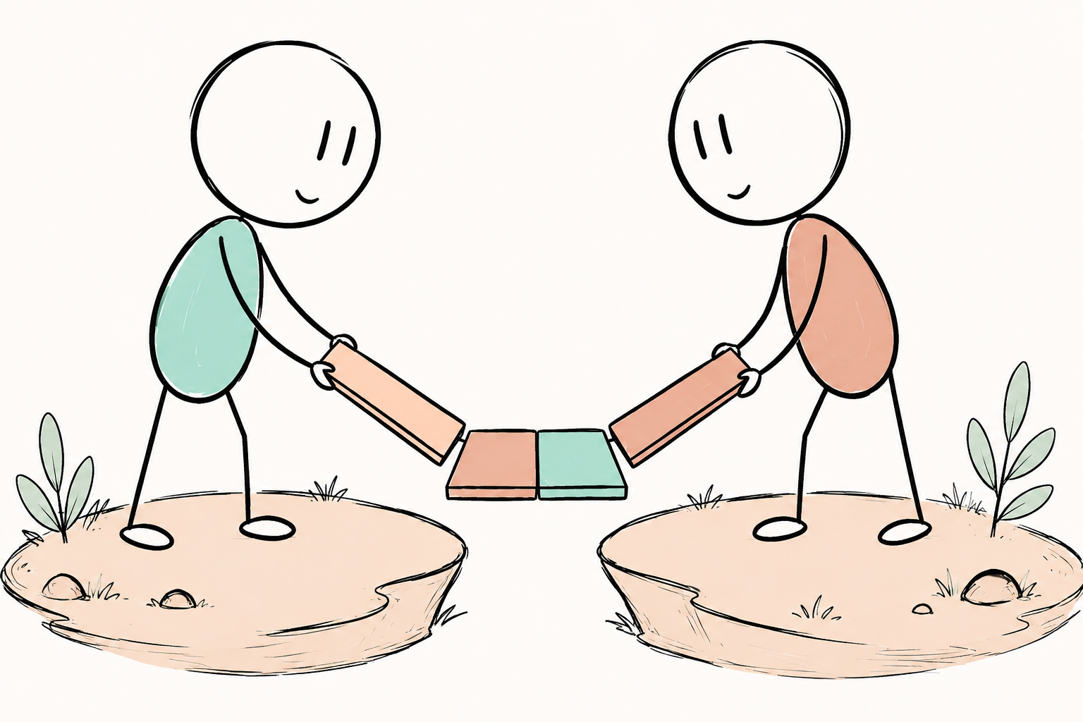 Deux personnages SexoPositive construisent ensemble un pont entre leurs îlots.