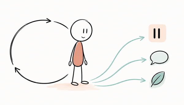 Un personnage quitte une boucle automatique et découvre trois possibilités : faire une pause, parler et prendre soin de soi.