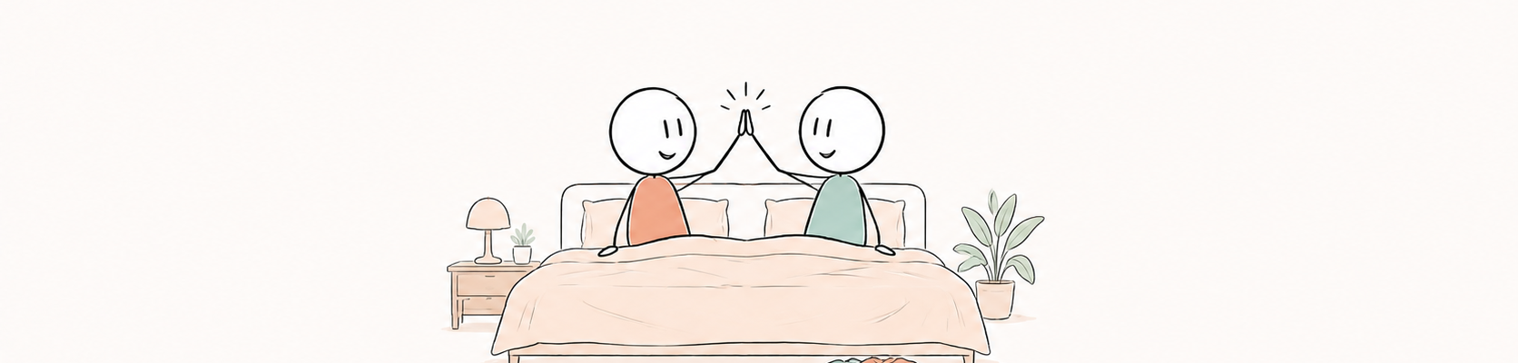 Deux personnages assis dans un lit échangent un geste complice après un moment intime.