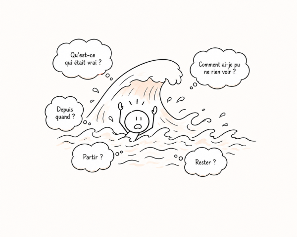 Une personne submergée par une vague de questions après la découverte d’une infidélité