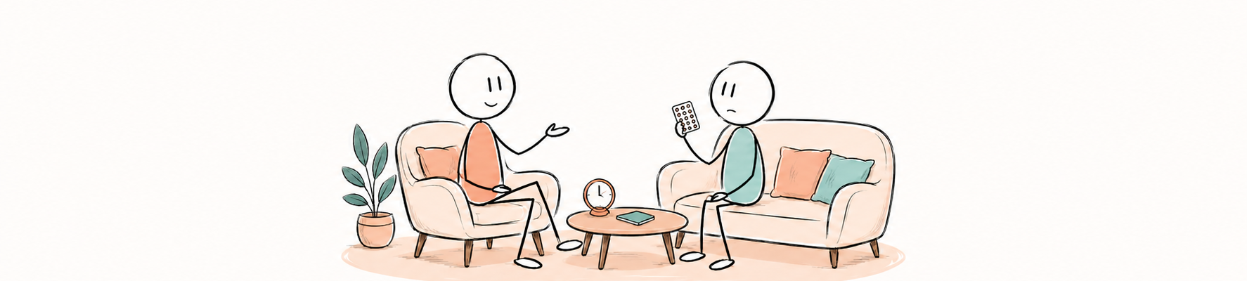Un personnage SexoPositive inquiet montre sa pilule à une professionnelle qui l’aide à vérifier le délai avec une horloge et un téléphone.