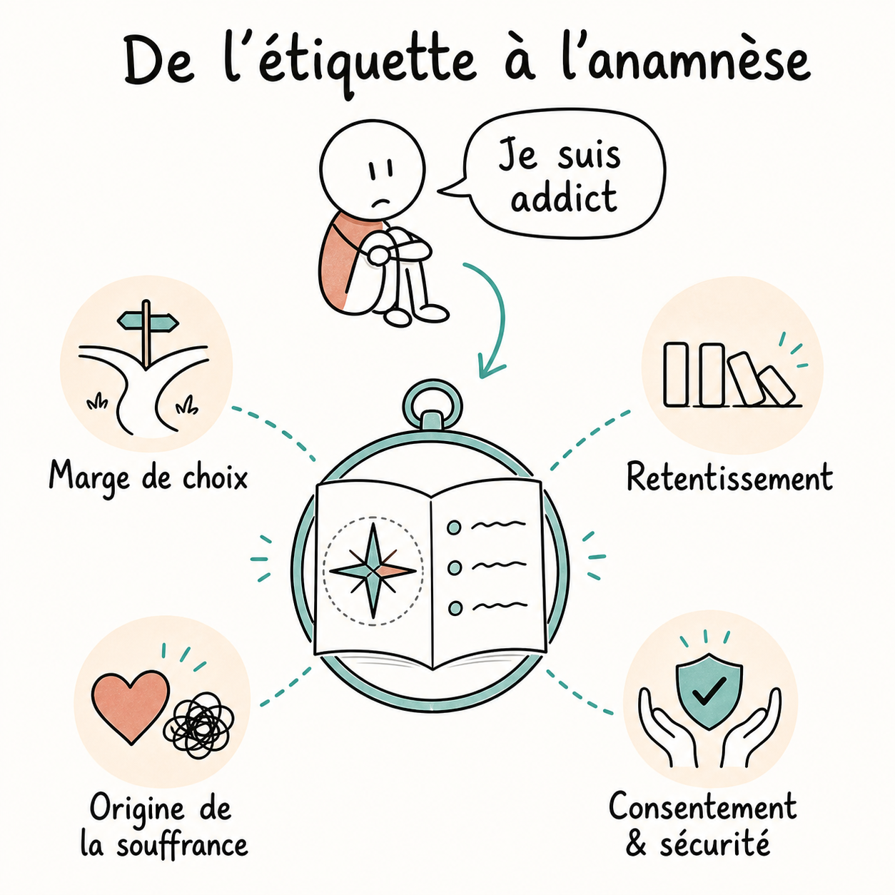 Sketchnote De l’étiquette à l’anamnèse : une personne dit Je suis addict, puis quatre repères orientent l’exploration clinique — marge de choix, retentissement, origine de la souffrance, consentement et sécurité.