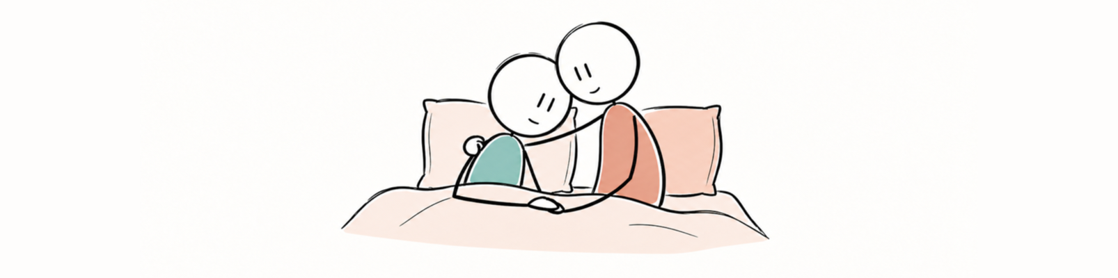 Une personne épuisée repose sa tête contre son ou sa partenaire, qui l’entoure d’un bras et lui tient la main dans un lit.
