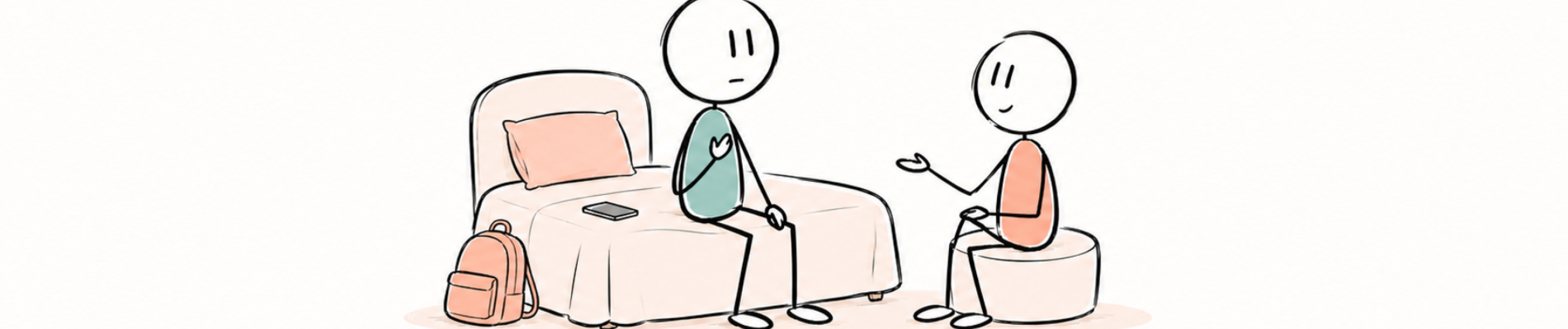 Deux jeunes parlent sans pression dans une chambre. Une personne pose la main sur sa poitrine, l’autre lui laisse de l’espace.