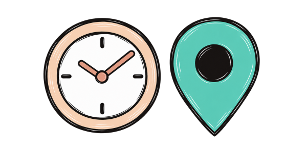 Une horloge et une épingle de localisation symbolisent un temps et un lieu choisis pour cadrer les échanges.
