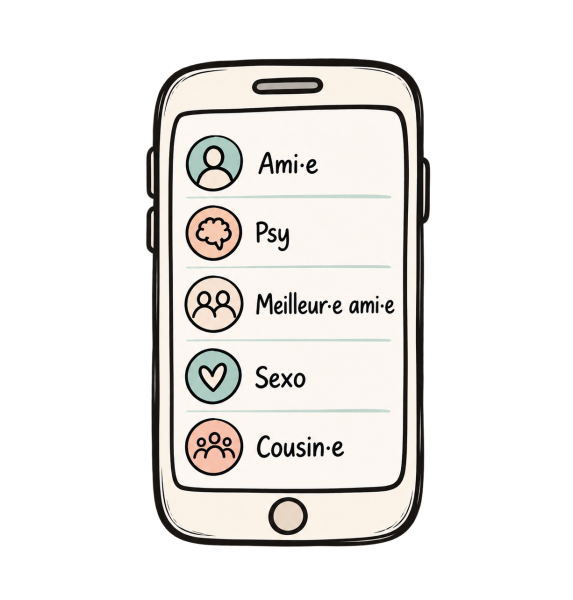 Un smartphone affiche un répertoire avec les contacts Ami·e, Psy, Meilleur·e ami·e, Sexo et Cousin·e.