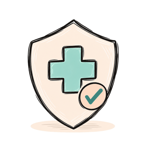Un bouclier avec une croix médicale et une coche symbolise la protection de la santé.