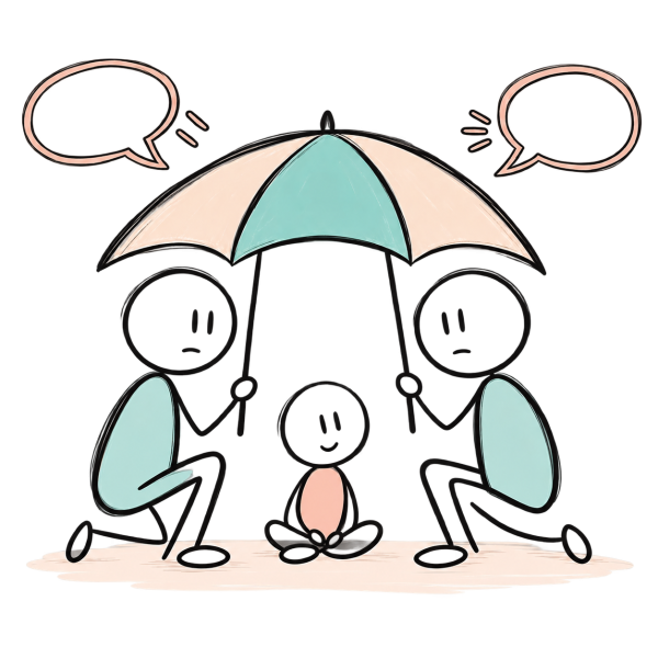 Deux adultes au visage sérieux protègent un enfant souriant sous un parapluie, tandis que leurs échanges restent à l’extérieur.