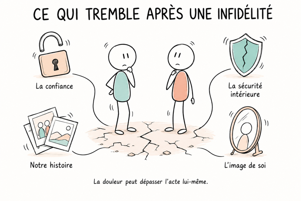 Sketchnote SexoPositive : après une infidélité, deux personnes se tiennent sur un sol fissuré tandis que la confiance, l’histoire commune, la sécurité intérieure et l’image de soi vacillent.
