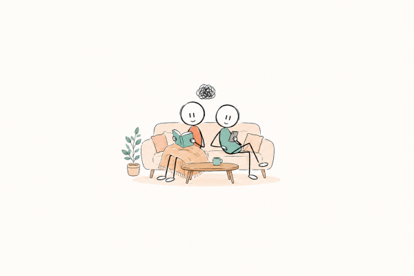 Deux partenaires confortablement installé.e.s dans un salon, l’un.e lit sous un plaid tandis que l’autre regarde son téléphone, avec une petite pelote emmêlée au-dessus d’eux.