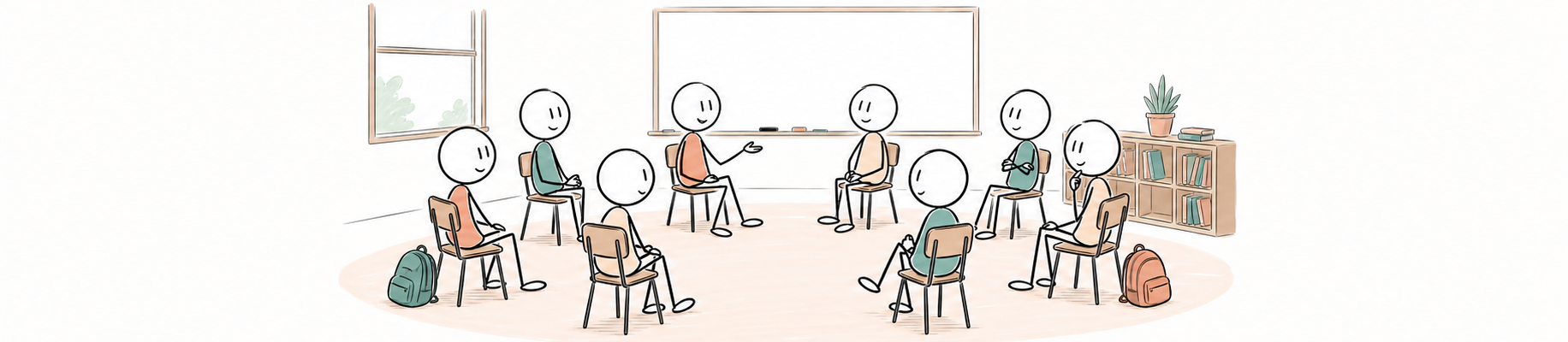 Un groupe d’élèves et un.e adulte assis.e.s en cercle sur des chaises dans une salle de classe.