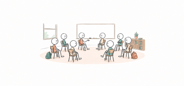 Un groupe d’élèves et un.e adulte assis.e.s en cercle sur des chaises dans une salle de classe.