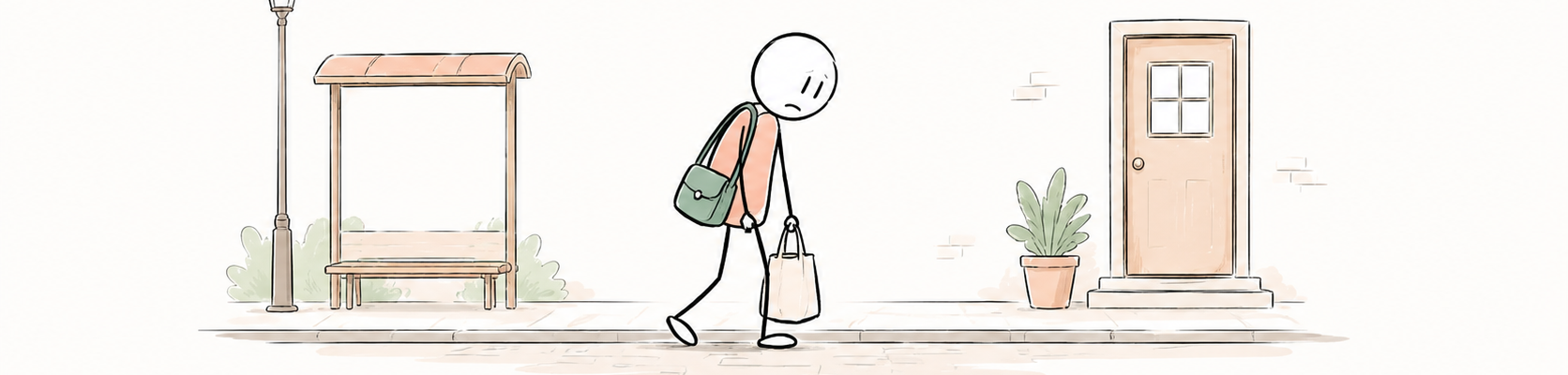 Sur le chemin du retour du travail, une personne avance péniblement, les épaules affaissées sous le poids de ses sacs.