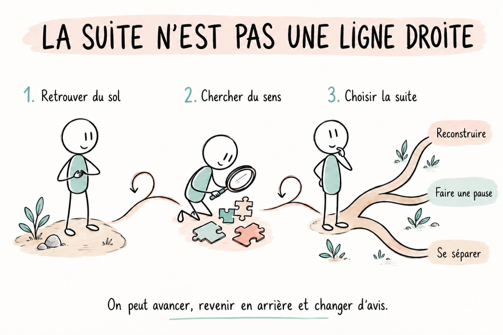 Sketchnote SexoPositive : un chemin non linéaire traverse trois mouvements après une infidélité, retrouver du sol, chercher du sens puis choisir la suite entre reconstruire, faire une pause ou se séparer.
