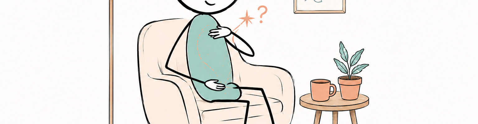 Personne assise dans un fauteuil, une main sur le bas-ventre et l’autre sur le cœur, à l’écoute de ses sensations après une vaginoplastie.