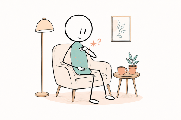 Personne assise dans un fauteuil, une main sur le bas-ventre et l’autre sur le cœur, à l’écoute de ses sensations après une vaginoplastie.