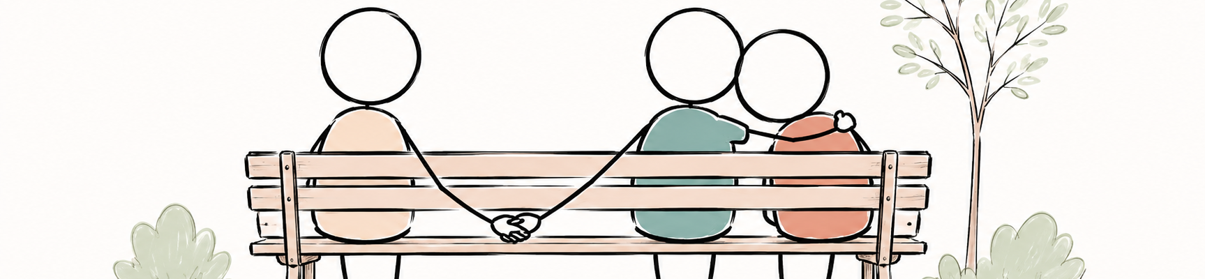Trois personnes assises sur un banc, l’une en enlace une autre tout en tenant secrètement la main d’une troisième derrière le dossier.