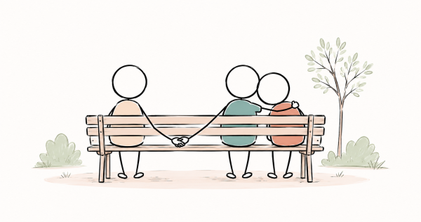 Trois personnes assises sur un banc, l’une en enlace une autre tout en tenant secrètement la main d’une troisième derrière le dossier.