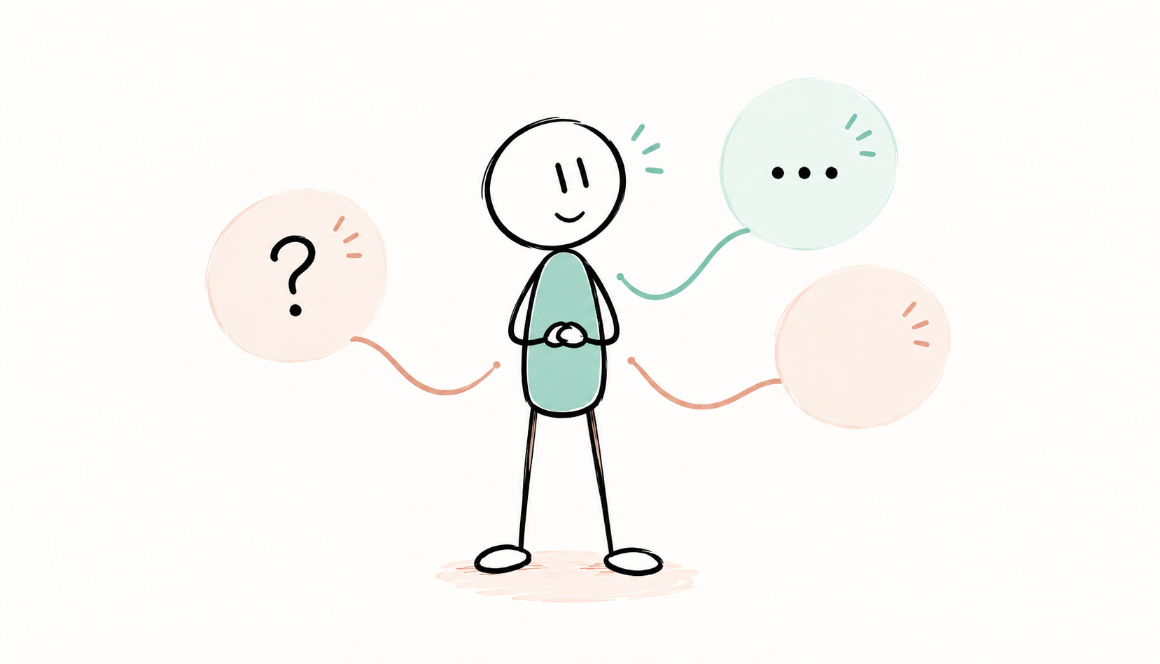Un personnage SexoPositive entouré de différentes formes de questions et de silences.