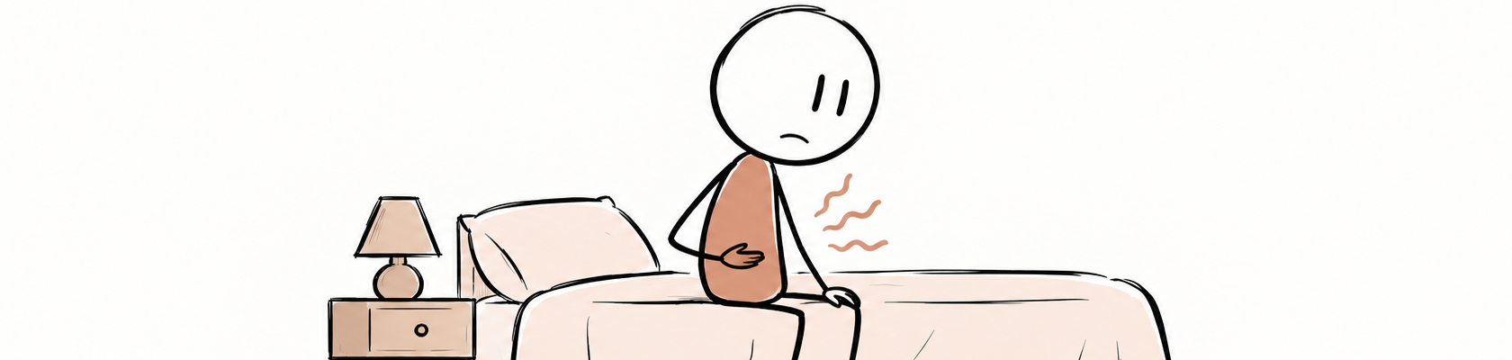 Personne assise sur un lit, attentive à son ventre à cause d’un intestin irritable, illustration SexoPositive.
