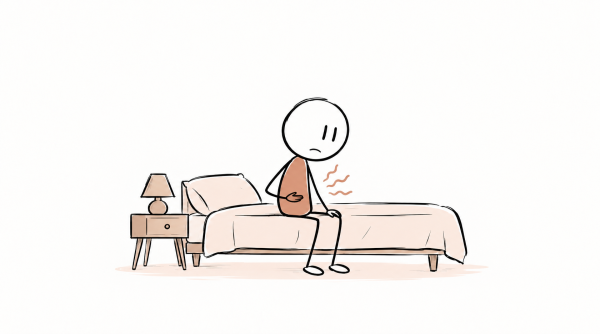Personne assise sur un lit, attentive à son ventre à cause d’un intestin irritable, illustration SexoPositive.