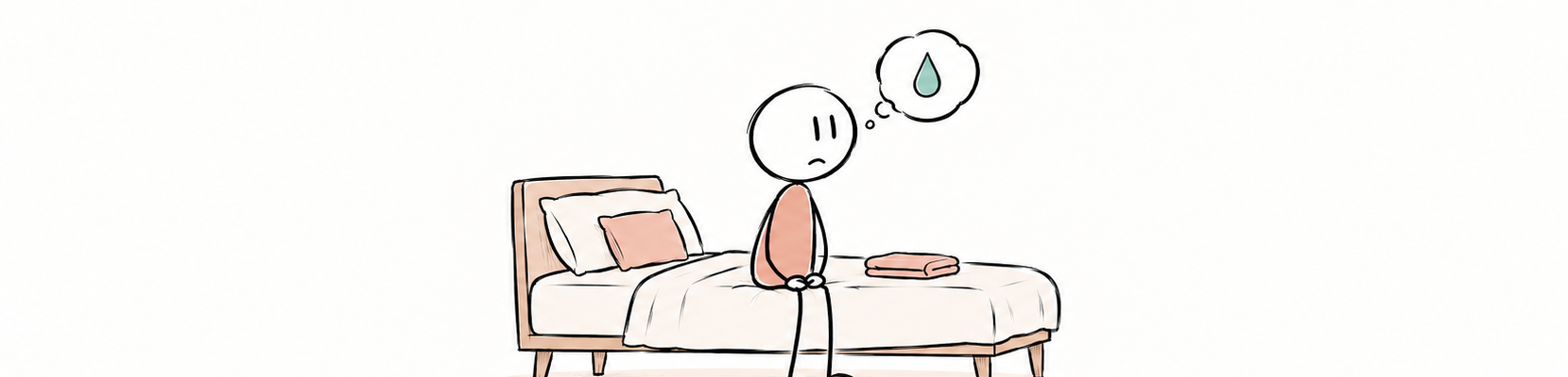 Personne assise sur un lit, préoccupée par la peur d’une fuite pendant un moment intime, illustration SexoPositive.
