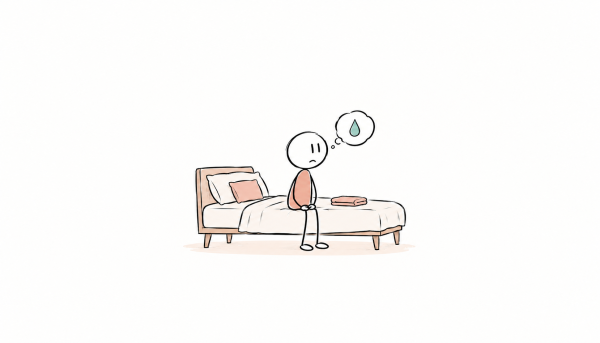 Personne assise sur un lit, préoccupée par la peur d’une fuite pendant un moment intime, illustration SexoPositive.