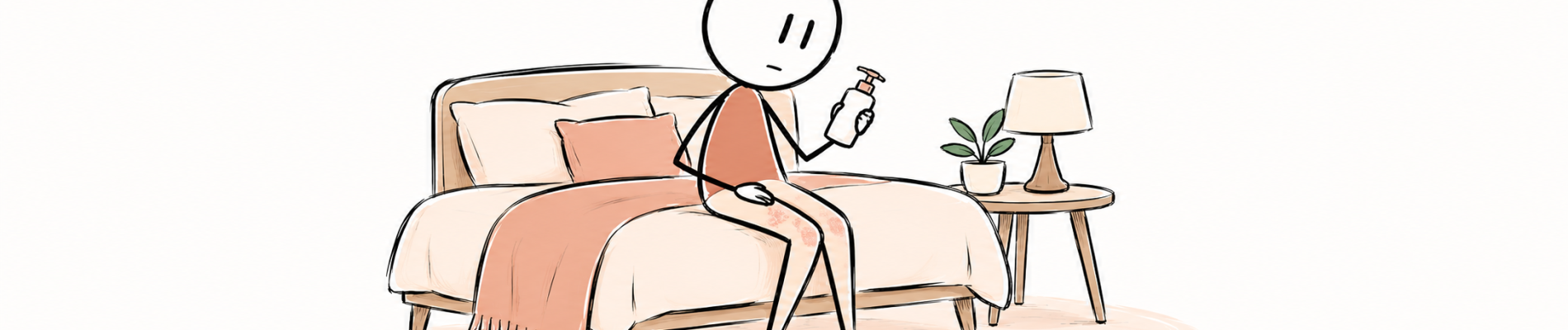 Personne attentive à une zone de psoriasis et tenant un flacon de soin avant un moment intime