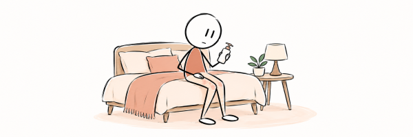 Personne attentive à une zone de psoriasis et tenant un flacon de soin avant un moment intime