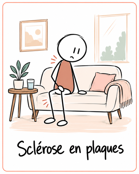 Personne assise sur un canapé, légèrement fatiguée, avec des signes discrets de sensations variables.