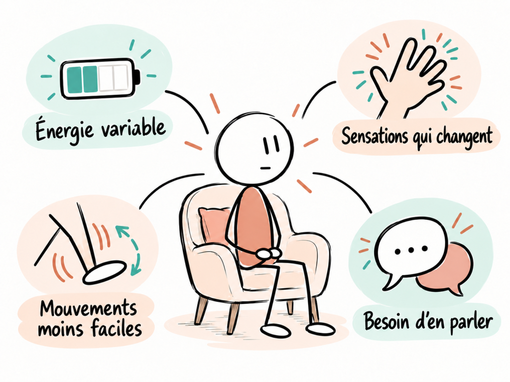 Personne assise entourée de quatre repères : énergie variable, sensations qui changent, mouvements moins faciles et besoin d’en parler.