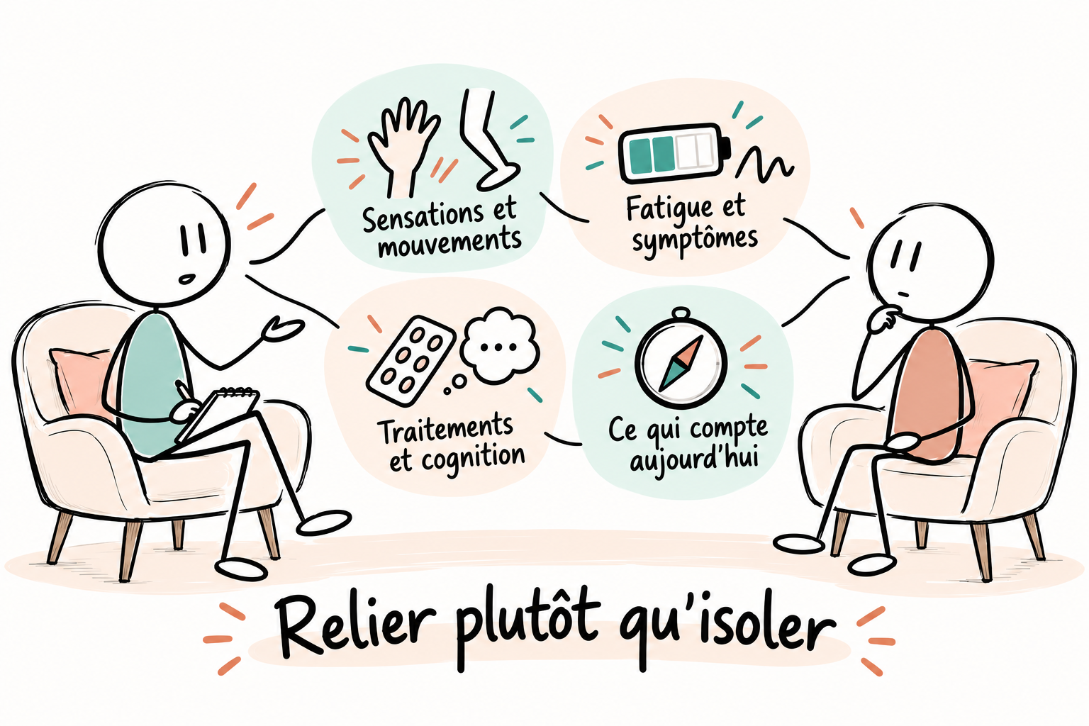 Deux personnes en consultation relient sensations et mouvements, fatigue et symptômes, traitements et cognition, et ce qui compte pour la personne.