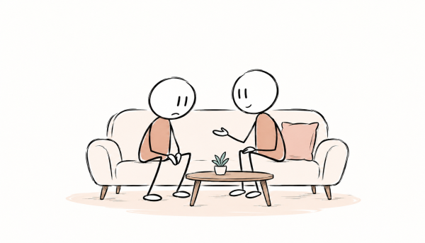 Deux partenaires sur un canapé, l’un épuisé et l’autre présent sans imposer de contact, illustration SexoPositive.