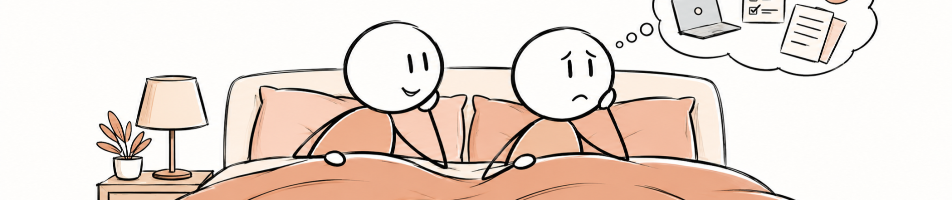 Deux partenaires couchés dans un lit : l’un cherche la complicité, l’autre pense encore à son ordinateur et à sa liste de tâches.