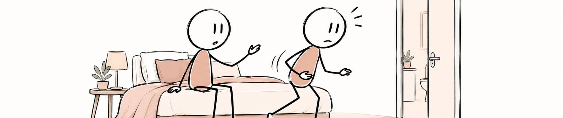 Une personne interrompt un moment intime pour se diriger vers les toilettes, illustration SexoPositive.