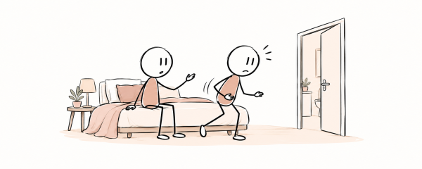 Une personne interrompt un moment intime pour se diriger vers les toilettes, illustration SexoPositive.